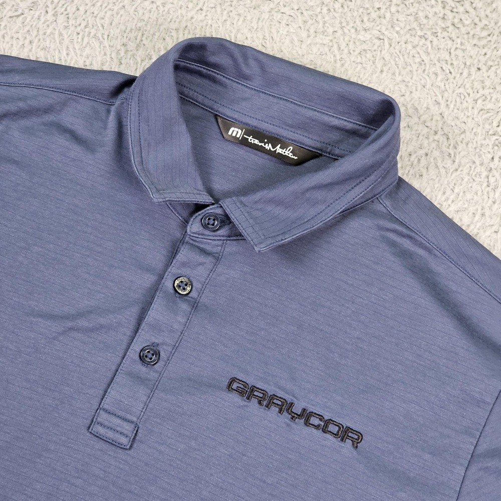 TravisMathew Polo Shirt Mens‎ Large Blue Graycor Logo Pima Cotton Stretch Golf